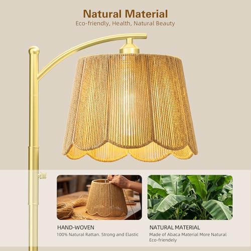Rattan Boho Arc Floor Lamp with Flower-Inspired Scalloped Woven Shade - Image 2