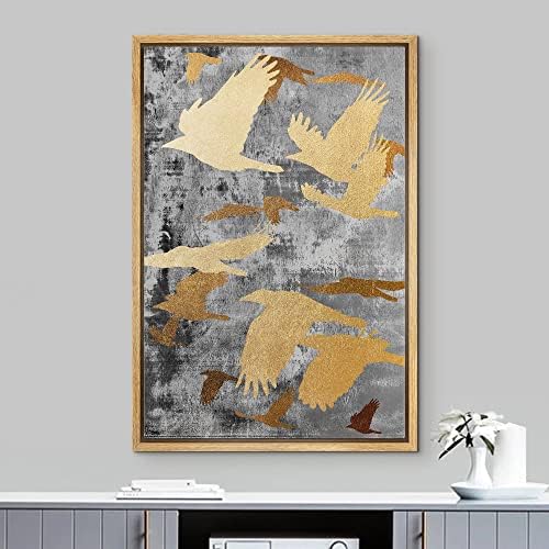 NWT Framed Canvas Print Wall Art Golden Birds Grunge Background Nature Wilderness Illustrations Modern Art Decorative Landscape Rustic Zen Colorful for Living Room, Bedroom, Office - 24"x36" Natural - Image 2