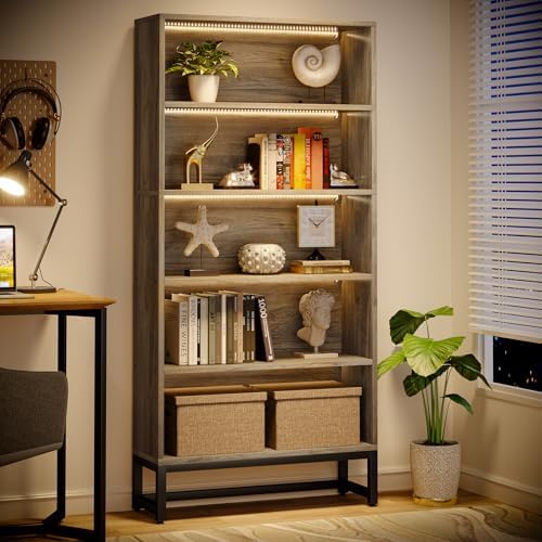 Tribesigns Tall Bookcase Bookshelf, 70.8" Large Bookcases Organizer with LED Lights, Heavy Duty Free-Standing Library Bookshelf with 5-Tier Storage Shelves for Living Room, Bedroom (Gray) by Tribesigns