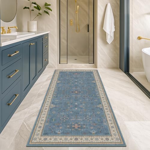 Hazo Haus Boho 2x6 Non Slip Kitchen Rug Runner - Light Blue Washable Rug for Bathroom, Laundry Room, Hallway, Non Slip with Rubber Backing, Floral Eclectic Unique Runner Décor - Image 3