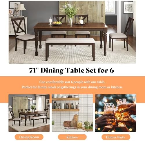 AMERLIFE 6 Piece Farmhouse Dining Set with 71" Solid Wood Table, Brown - Image 6