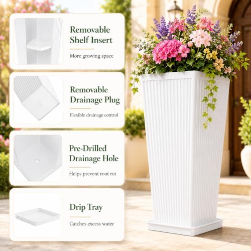 NicBex 24" Tall Planters for Outdoor Plants Set of 2 Square Fluted,White - Image 3