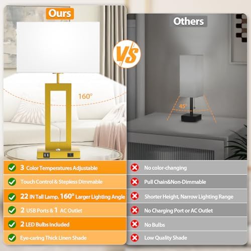 22’’ Touch Control Table Lamps Set of 2, 3 Color Temperatures Bedroom Bedside Lamps, Modern Gold Dimmable Lamps with USB Ports & AC Outlet, Tall Living Room Lamps for Nightstand End Table, 2 Bulbs - Image 4
