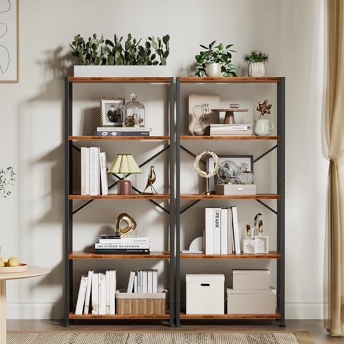 Furologee 5 Tier Book Shelf Set of 2, Tall Wide Bookshelf, Rustic Brown - Image 2
