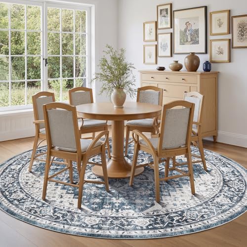 Amada Round 8x8 Washable Area Rug for Dining Room, Blue, Vintage Pattern - Image 3