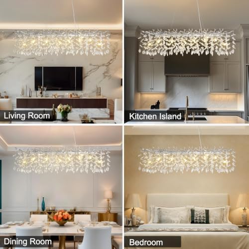YUYI 47" Silver Crystal Chandelier, 14-Light Rectangular Tree Branch Chandeliers, Luxury Chandelier for Dining Room, Kitchen Island, Living Room, Foyer, Modern K9 Crystal Raindrop Light Fixture - Image 2