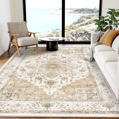 Amada 5x7 Washable Area Rug for Living Room, Beige, Vintage Pattern by AMADAHOMEFURNISHING