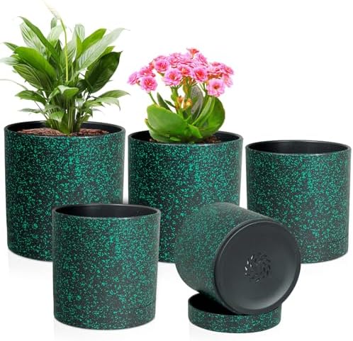 Meowell 7/6.5/6/5/4 inch Plant Pots, 5 Pack Cylinder Flower Pots for Small Indoor Outdoor Plants, Plastic Planters with Drainage Holes and Saucer for Garden Succulent Plants, Black With Green Speckles by Meowell