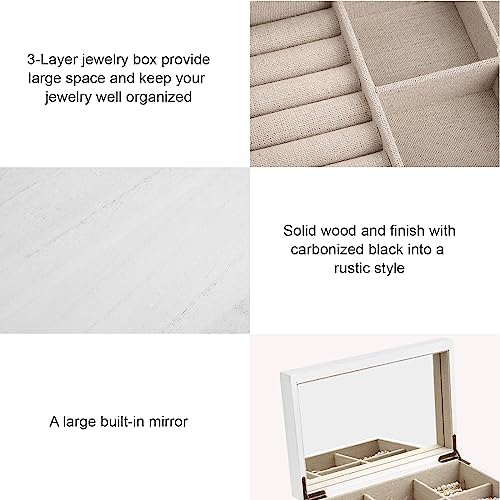 Meangood Jewelry Box Organizer for Women, 3 Layer Large Jewelry Storage Case, Rustic Wooden Jewelry Box with Mirror & Ring Tray for Necklace Earring Bracelets Rings, Vintage Style (White) - Image 5