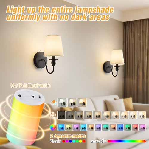 Battery Operated Wall Sconce Set of 2,Rechargeable Wall Sconce with 10000mAh Dimmable Bulb and Remote,LED 15 Colors Black Wireless Battery Powered Wall Lamp with Fabric for Bedroom Living Room - Image 3