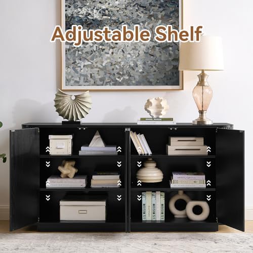 64" Fluted Buffet Cabinet with Storage, Black Sideboard Cabinet - Image 6
