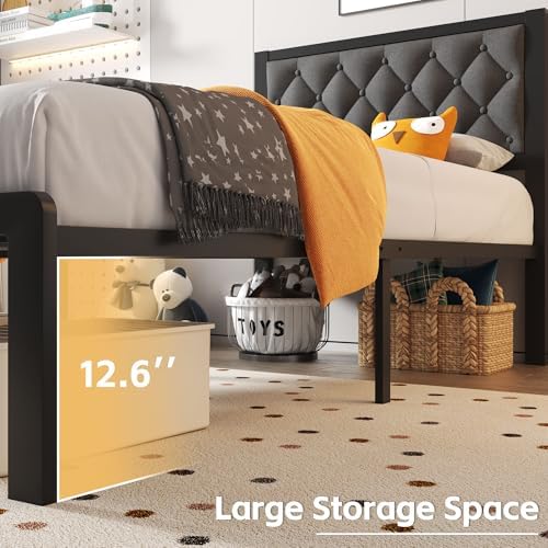 Fluest Twin Bed Frame with Headboard Linen Upholstered Bed Frame Platform,All Metal Slats Support Platform Bed Frame with Storage Space,Easy Assembly,Noise Free,No Box Spring Needed,Grey - Image 5
