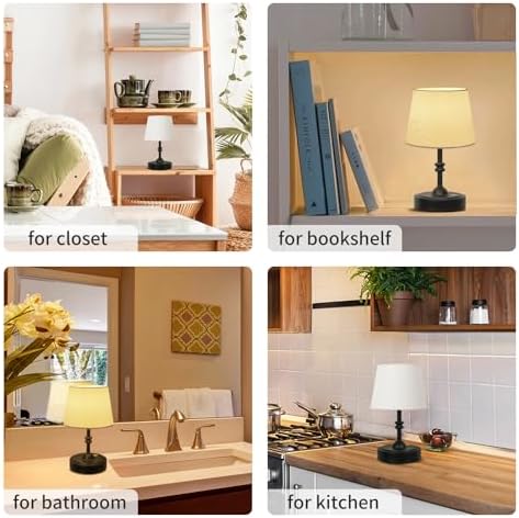 ONEWISH 2 Pack Small Cordless Lamp, Battery Operated Table lamp Dimmable, 4000mAh Rechargeable, Touch Bedside Lamp with White Fabric Shade, 2700K Bulb Included, for Dining, Patio, Bathroom(Black) - Image 6
