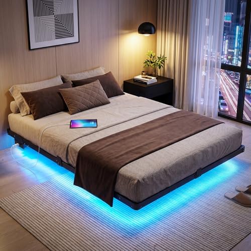 Liians Queen Floating Bed Frame with Smart LED Lights, USB Charging Station by LIIANS