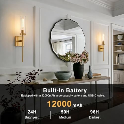 Wireless Wall Sconces with Remote Control, Brushed Gold Battery Operated Wall Sconce Set of 2, Dimmable Rechargeable Wall Decor Lights for Living room Dining room Bathroom Bedroom Hallway Stairwell - Image 2