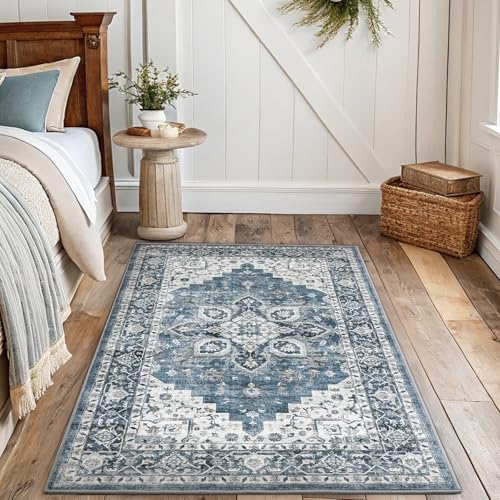 Amada 3x5 Washable Area Rug for Bedroom, Blue, Vintage Pattern by AMADAHOMEFURNISHING