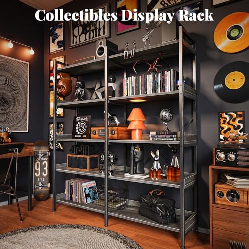 Huuger 5 Tier Bookshelf, Display Bookshelf with 10 Open Shelves and Raised Baffle, 47.2 Inch Straight Wide Bookcase with Metal Frame and Wooden Board, Adjustable Feet, Grey - Image 3