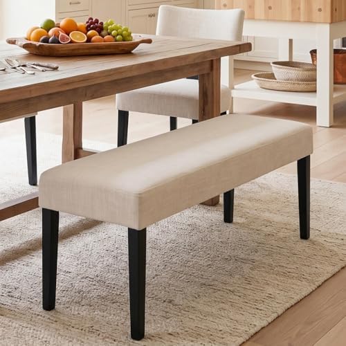 HNY Farmhouse Upholstered Dining Bench Seat, 45" Linen Entryway Bench with Black Wood Legs, Mid Century Modern End of Bed Bench for Kitchen Bedroom Living Room Hallway, for 2-3 Person, Beige by HNY