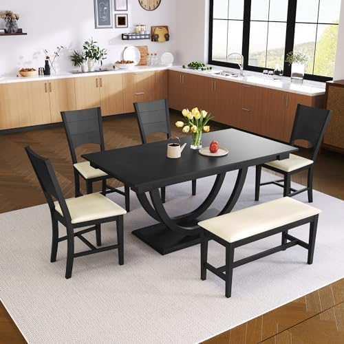 Modern Solid Wood 6-Piece Dining Table Set, Unique Design Half Round Legs Dining Table with Upholstered Dining Chairs&Bench, Kitchen Dining Room Set for 6 (Grey-Half L) by Unknown