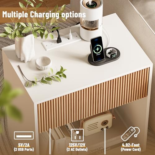 Fluted Nightstands Set of 2, Night Stand with Charging Station, Modern Bed Side Table with Drawer and Storage Shelf, Wood Mid Century End Table for Bedroom Living Room (White&Oak) - Image 4