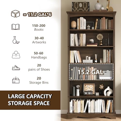 TVU 6-Tier Wooden Bookshelf, 76 Inch Tall Bookshelf with Storage, Floor Standing Modern Style Display Bookcase for Living Room, Office, Study Room, Entryway, Brown - Image 5