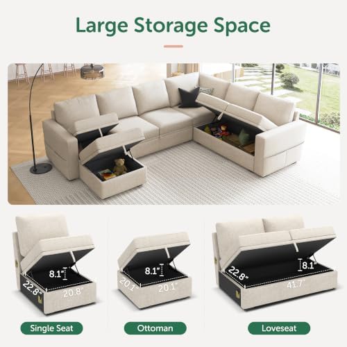 HONBAY Modular Sectional Sleeper Sofa with Pull Out Bed, U Shaped Sectional Couch with Storage Ottoman, Sleeper Sectional Couches for Living Room, Beige - Image 4