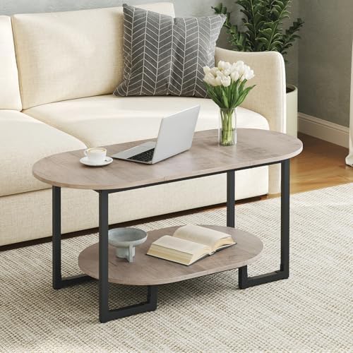 HOOBRO Coffee Table for Living Room, Oval Small Coffee Table with 2-Tier Open Storage Shelf, Industrial Cocktail Tea Table, Wooden Desktop Center Table, Farmhouse, Home Office, Greige BG09KF01 by HOOBRO