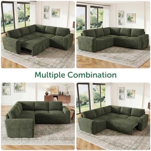HONBAY Modular Sectional Sleeper Sofa with Pull Out Bed,Corduroy L Shaped Couch with Storage, Sectional Couches for Living Room,Green - Image 6