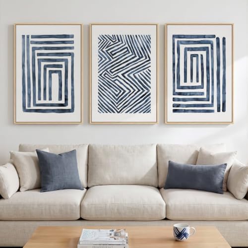 Large Framed Blue White Abstract Wall Art for Living Room, 3 Piece 24x36 In by Cuspin