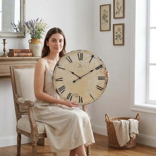 24 Inch Vintage Yellow Wall Clock, Farmhouse Silent Non-Ticking Battery Operated Wall Clocks, Large Roman Numeral Dial Decorative Round Wall Clock for Living Room, Kitchen, Office - Image 7