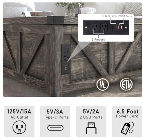 jimeimen Farmhouse Lift Top Coffee Table with Storage, Wood Square Center Table with Charging Station&USB Port, Living Room Table w/Large Hidden Space, for Living Room, Bedroom, Home Office, Dark Grey - Image 4