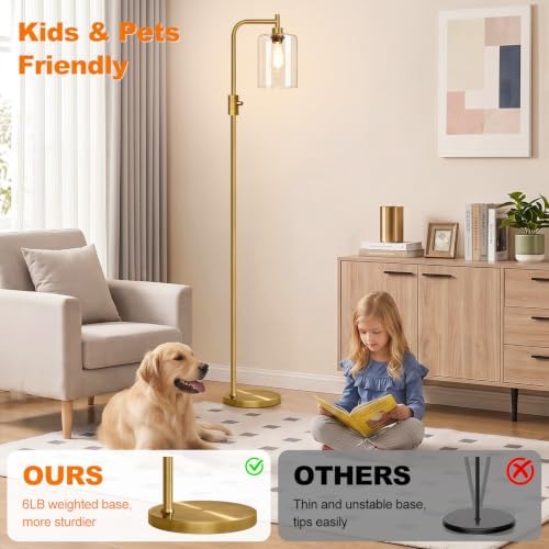 【Upgraded】 Dimmable Floor Lamp for Living Room with Clear Glass Lampshade, Brass Modern Glass Floor Lamp with 900LM LED Bulb Included, Arc Standing Tall Lamp for Bedroom, Office, Reading Room, Corner - Image 5