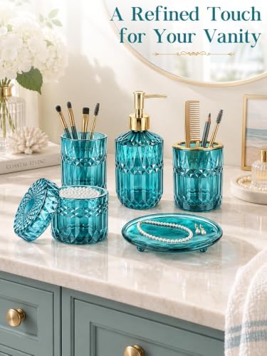 Haturi Teal Bathroom Accessories Set, Glass Bathroom Set and Decor, 5 Pcs - Image 7