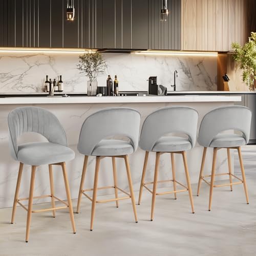 Swivel Bar Stools Set of 4, Counter Height Barstools for Kitchen Island, 26" Seat Height Bar Chairs for Dining Room, Velvet Upholstered Bar Stool with Back and Footrest, Gray - Image 6