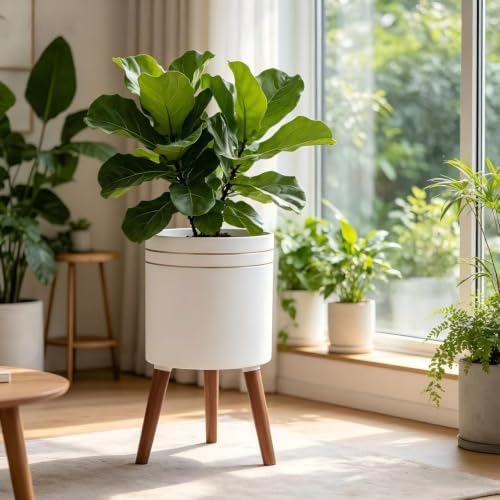 12 Inch Plant Pot with Oak Wood Stand, Large Planter for Indoor Plant, Simple Modern Flower Pot Flower Pot with Drainage Hole for Outdoor - Image 2
