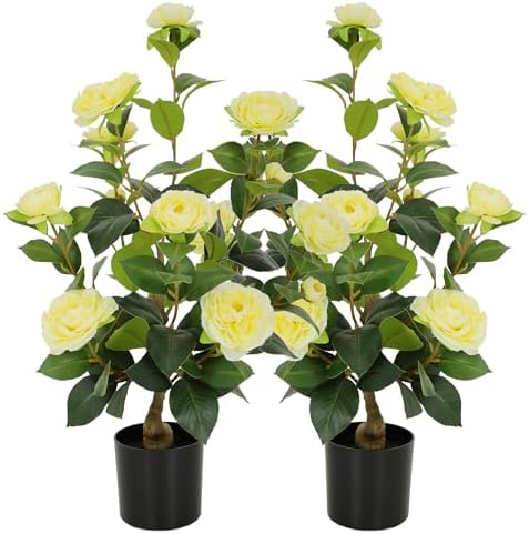 Nafresh 2FT Lush Artificial Yellow Camellia Tree Outdoor 2 Pack, 24inch Faux Camellia Plant, Fake Camellia Flowers Tree for Indoor Outdoor Living Room Home Patio Front Door Garden Decor by Nafresh