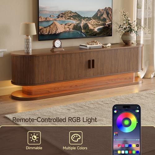 ONBRILL 70" TV Stand up to 80 Inch with LED Lights and Power Outlet, Walnut - Image 4