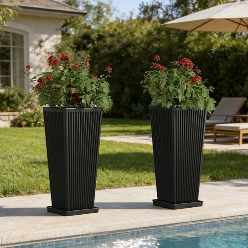 Square Tall Planters for Outdoor Plants with Tray - 24" Black 2Pack - Image 7