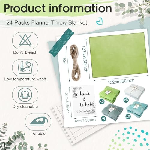 24 Pack Flannel Throw Blankets Bulk 50 x 60 Inch Wedding Fleece Blankets with Thank You Card Soft Blanket for Winter Valentines Guests Sleepover Spa Gifts, 4 Colors (Shades of Green) - Image 2