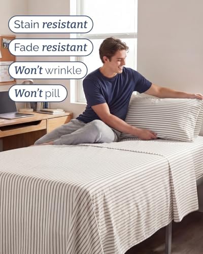Twin XL 3 Piece Sheet Set - College Dorm Room Essentials - Beige Stripes - Image 5