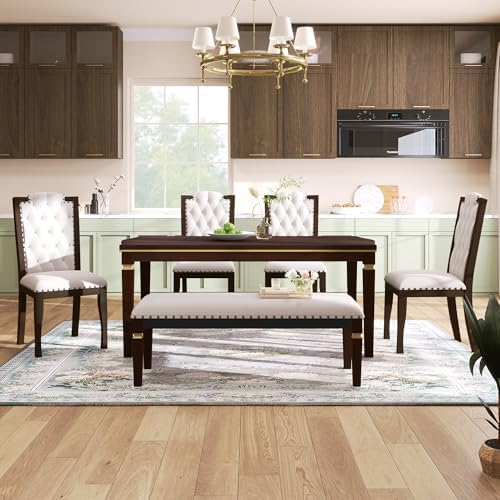 VilroCaz Modern Elegant Wood Kitchen Dining Table Set, 60'' Rectangular Table and 4 High-Back Tufted Chairs & 1 Bench, Home Breakfast Kitchen Dining Room Table Set for 6 (Espresso-10.6) - Image 2