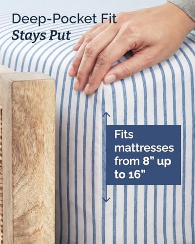 Twin Size 3 Piece Sheet Set - Breathable & Cooling Sheets - Blue Stripes - Image 4