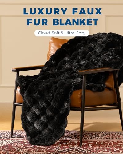 Ultra Soft Cozy Faux Fur Throw Blanket, Fuzzy Plush Thick Bubble Blanket, Oversize Luxury Fluffy Blanket for Couch, Bed, and Living Room, 60x80 Inches, Black - Image 4