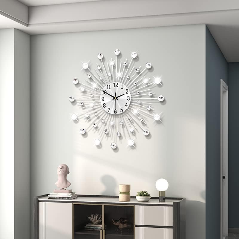 Large Decorative Wall Clock for Living Room Decor Silver Metal Crystal Modern Starburst Wall Clock 20 Inch Big Silent Quartz Clock Battery Operated Non Ticking for Kitchen Office Bedroom - Image 3