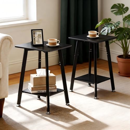 King Oasis 2-Tier Small Side Table for Living Room, End Table with Storage Shelf, Wood & Metal Bedside Table Nightstand for Small Spaces, Sturdy Sofa Side Table for Bedroom, Matte Black 2pcs by Unknown