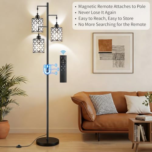 72" Dimmable Floor Lamp with Remote & Timer, Industrial Farmhouse Rustic Standing Lamp for Living Room Bedroom, 3 Individually Controlled Heads, 2 Height Options, 3 x LED Bulbs Included - Image 2