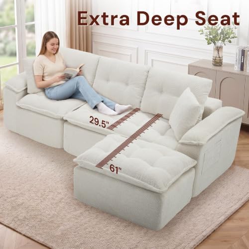 Korser 110" Cloud Sectional Boneless Couches for Living Room, Modern Modular Sectional Sofa with Ottoman, Cloud Couch with Comfy Deep Seats, Tufted Chenille L-Shape Sofa Couch for Living Room, Beige - Image 4