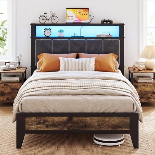 OLEVS Twin Bed Frame with LED Light Storage Headboard and Charging Station Type C, Metal Platform Bed Twin Size,No Box Spring Needed, Noise Free, Easy Assembly by OLEVSHOME