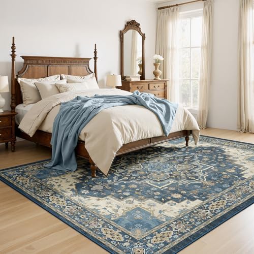 Amada Vintage Washable Area Rug,8'x10',Navy Blue/Beige - Image 3