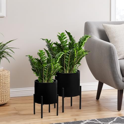 ARNIS Modern Plant Pots, Set of 2 Large Planters with Stand, Decorative Planters, Metal Pots with Drainage Holes for Living Room, Office, Garden or Balcony, 8.25 &10.5 Inch, Blcak by ARNIS